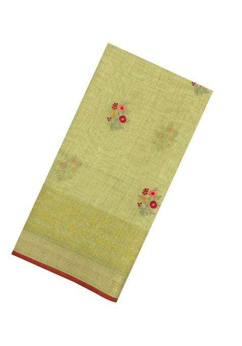 Cardamom Green Embroidered Linen Saree With Floral Motifs For Women