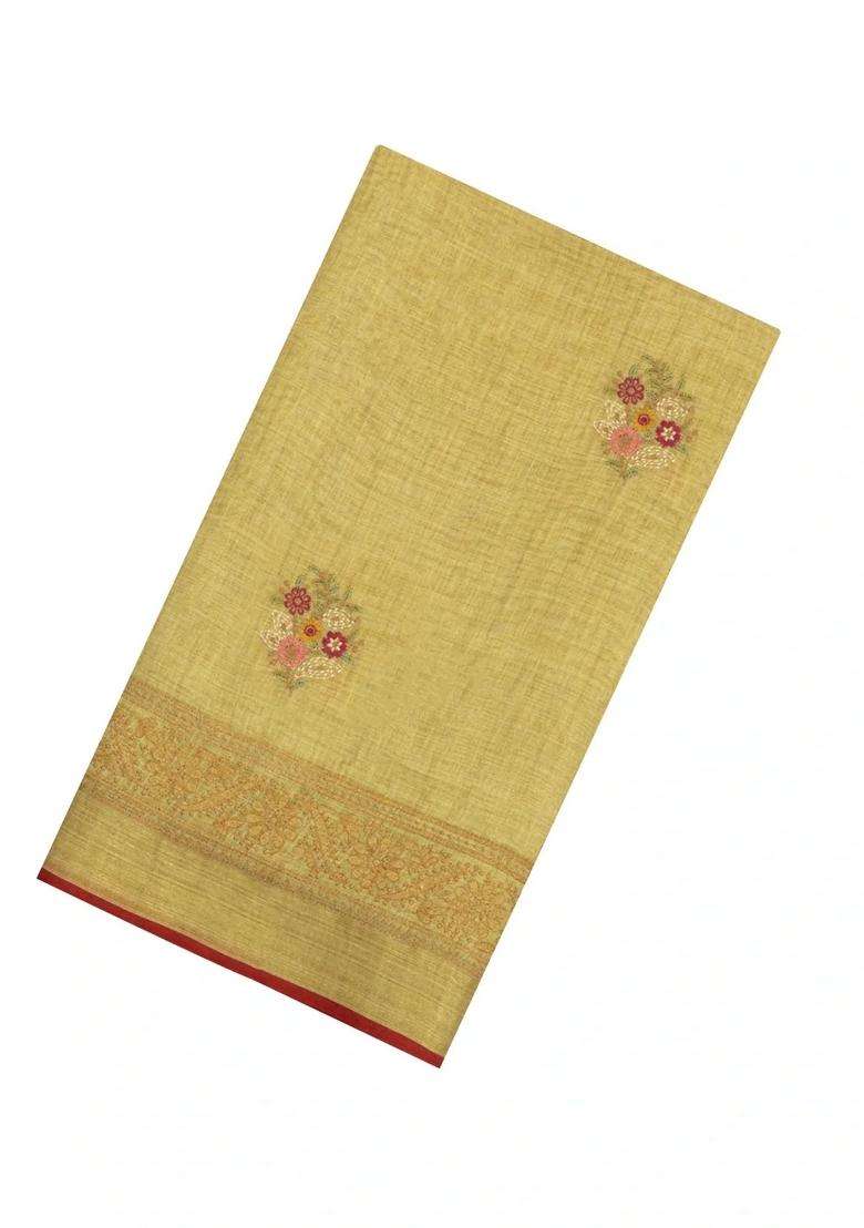 Beige Embroidered Linen Saree With Floral Motifs For Women - Indya