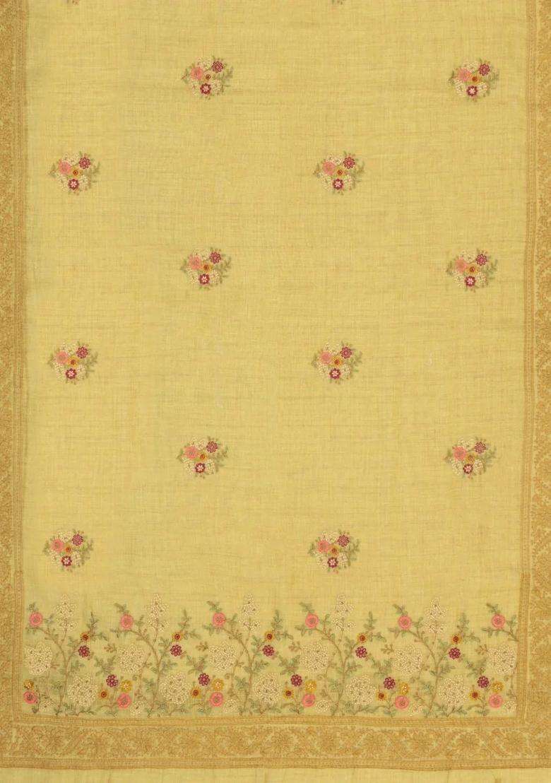 Beige Embroidered Linen Saree With Floral Motifs For Women - Indya