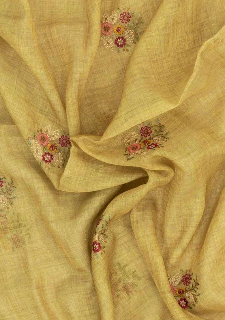 Beige Embroidered Linen Saree With Floral Motifs For Women - Indya