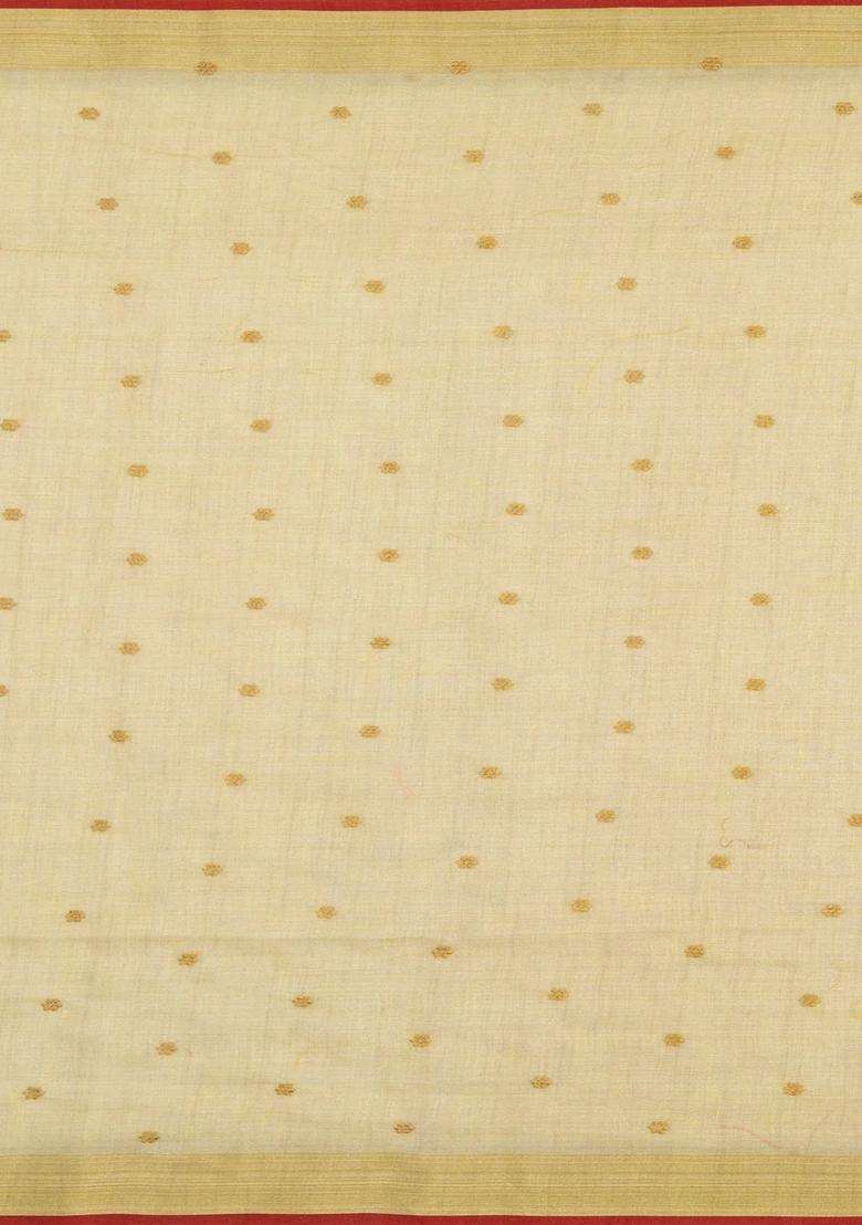 Beige Embroidered Linen Saree With Floral Motifs For Women - Indya