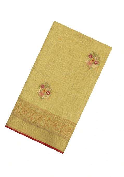 Beige Embroidered Linen Saree With Floral Motifs For Women