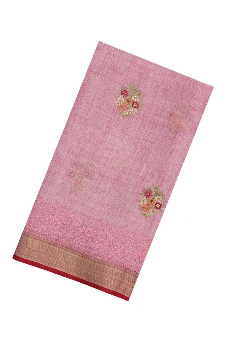 Dusty Pink Embroidered Linen Saree With Floral Motifs For Women - Indya