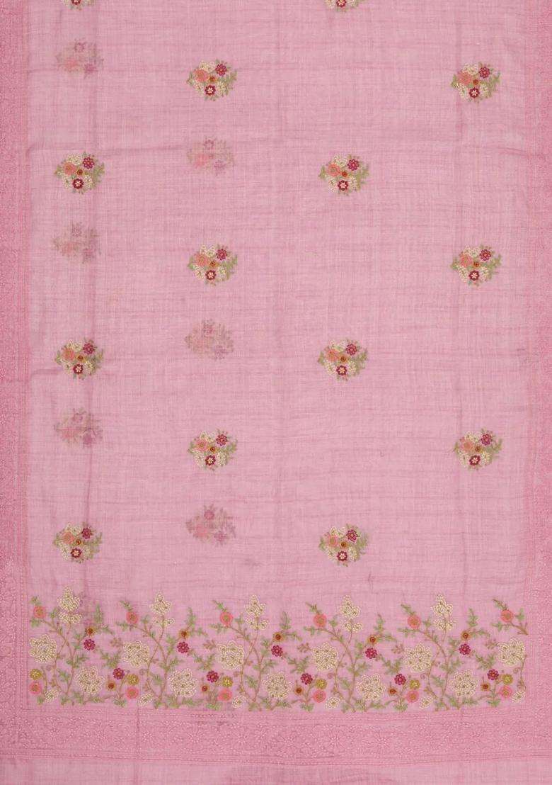 Dusty Pink Embroidered Linen Saree With Floral Motifs For Women - Indya