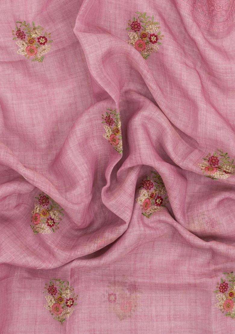 Dusty Pink Embroidered Linen Saree With Floral Motifs For Women - Indya