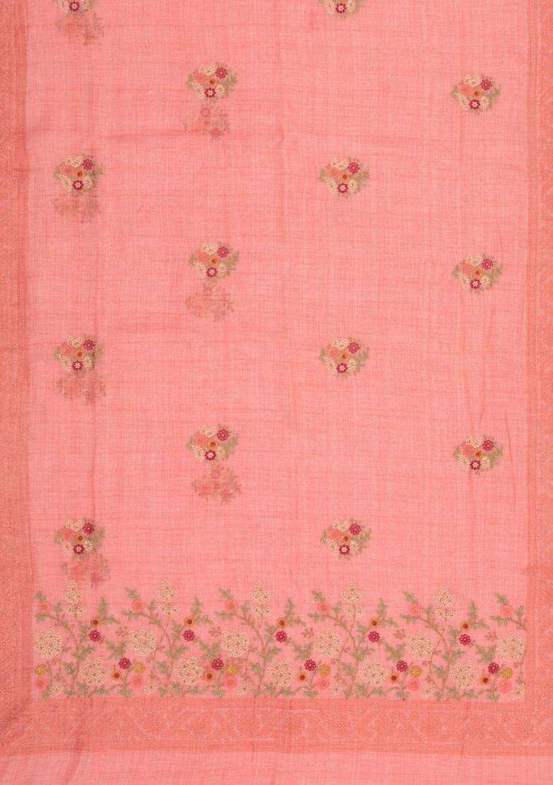 Peach Embroidered Linen Saree With Floral Motifs For Women - Indya