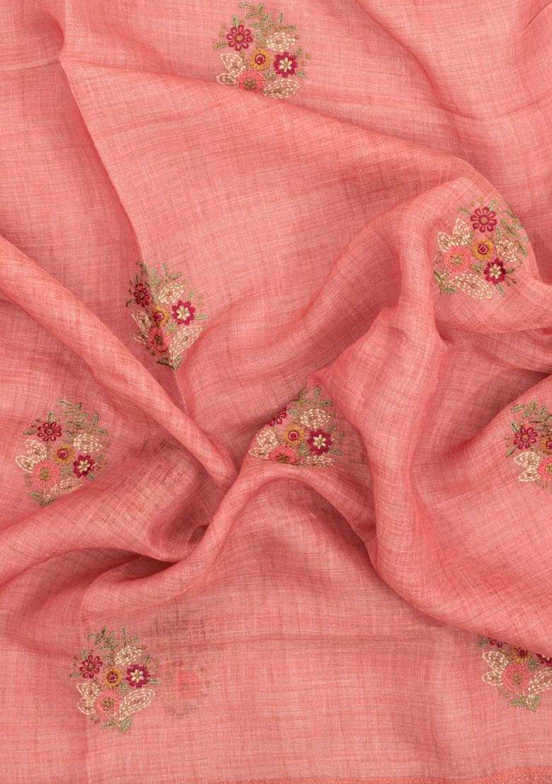Peach Embroidered Linen Saree With Floral Motifs For Women - Indya