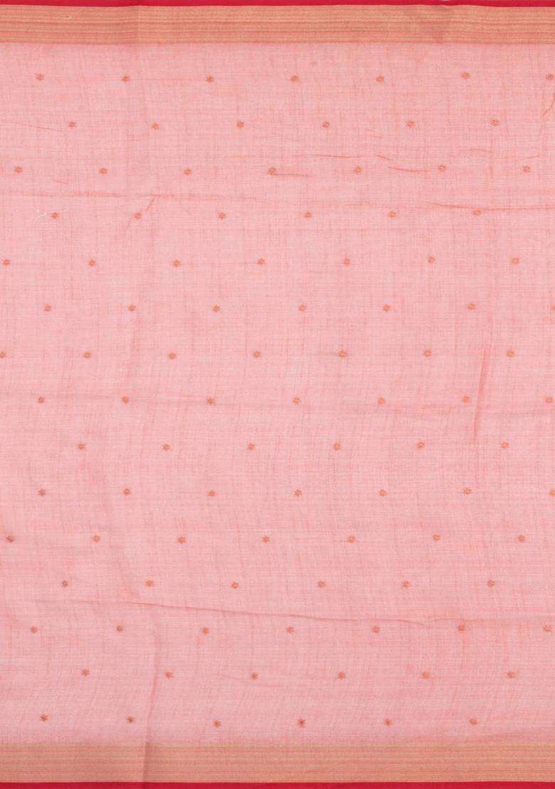 Peach Embroidered Linen Saree With Floral Motifs For Women - Indya