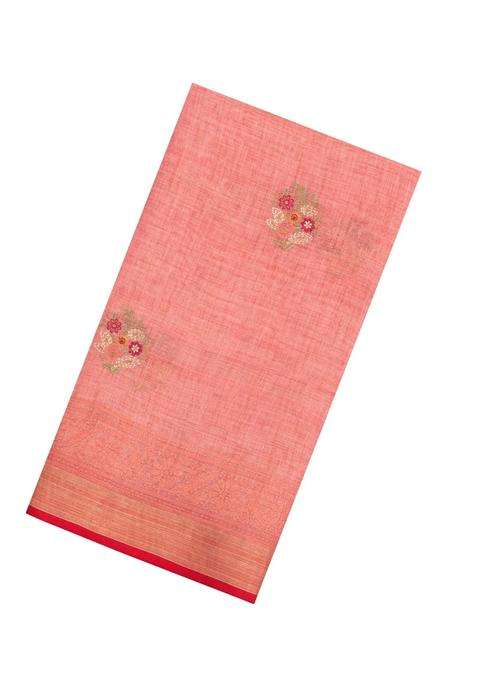 Peach Embroidered Linen Saree With Floral Motifs For Women