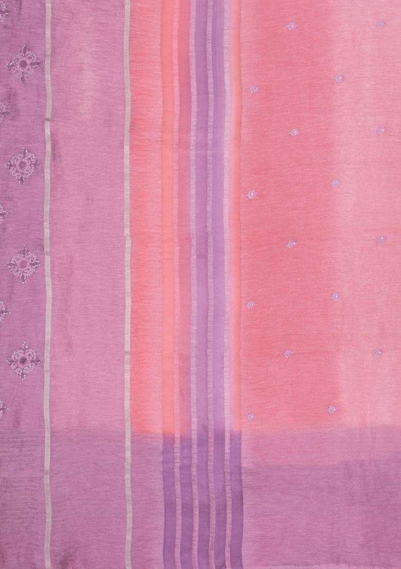 Peach Handloom Linen Saree With Embroidered Floral Motifs For Women - Indya