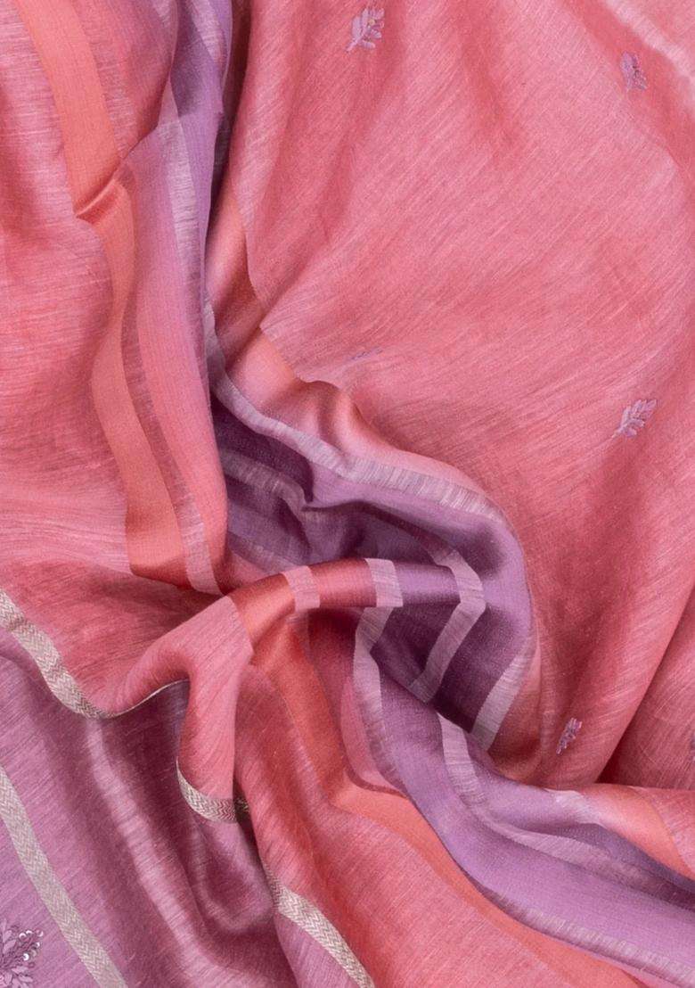 Peach Handloom Linen Saree With Embroidered Floral Motifs For Women - Indya