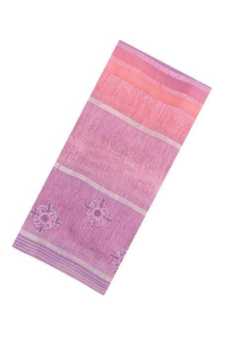 Peach Handloom Linen Saree With Embroidered Floral Motifs For Women