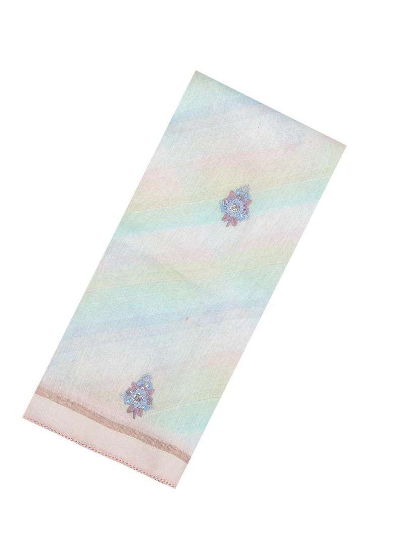 Multicolor Handloom Linen Saree With Embroidered Floral Motifs For Women - Indya