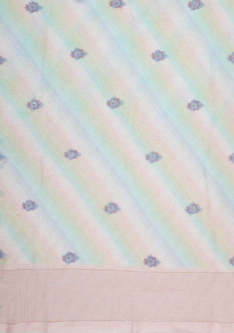 Multicolor Handloom Linen Saree With Embroidered Floral Motifs For Women - Indya