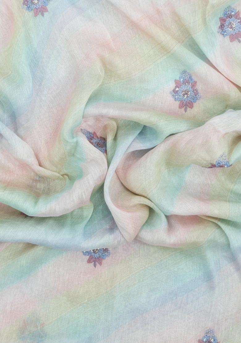 Multicolor Handloom Linen Saree With Embroidered Floral Motifs For Women - Indya