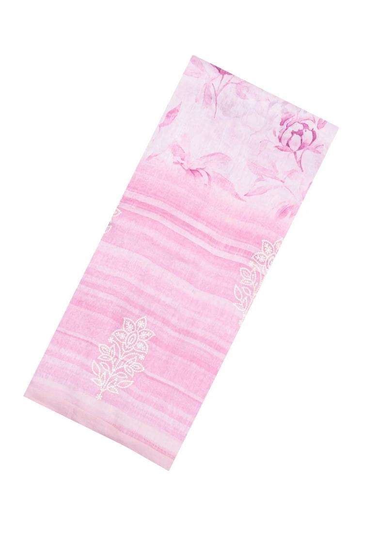 Pink Handloom Linen Saree With Printed Embroidered Floral Motifs For Women - Indya