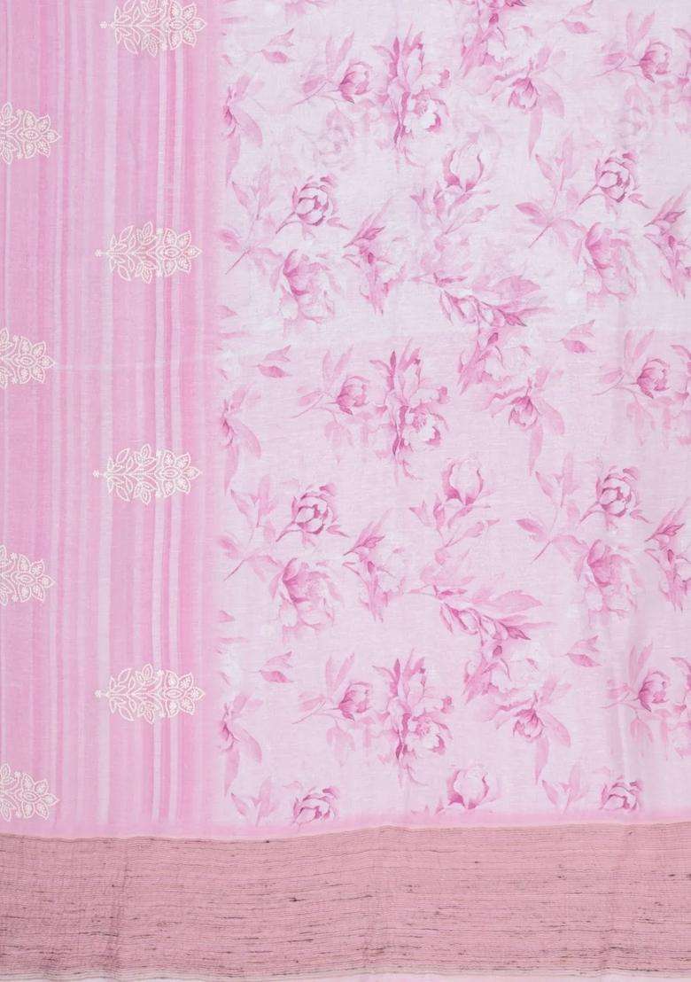 Pink Handloom Linen Saree With Printed Embroidered Floral Motifs For Women - Indya