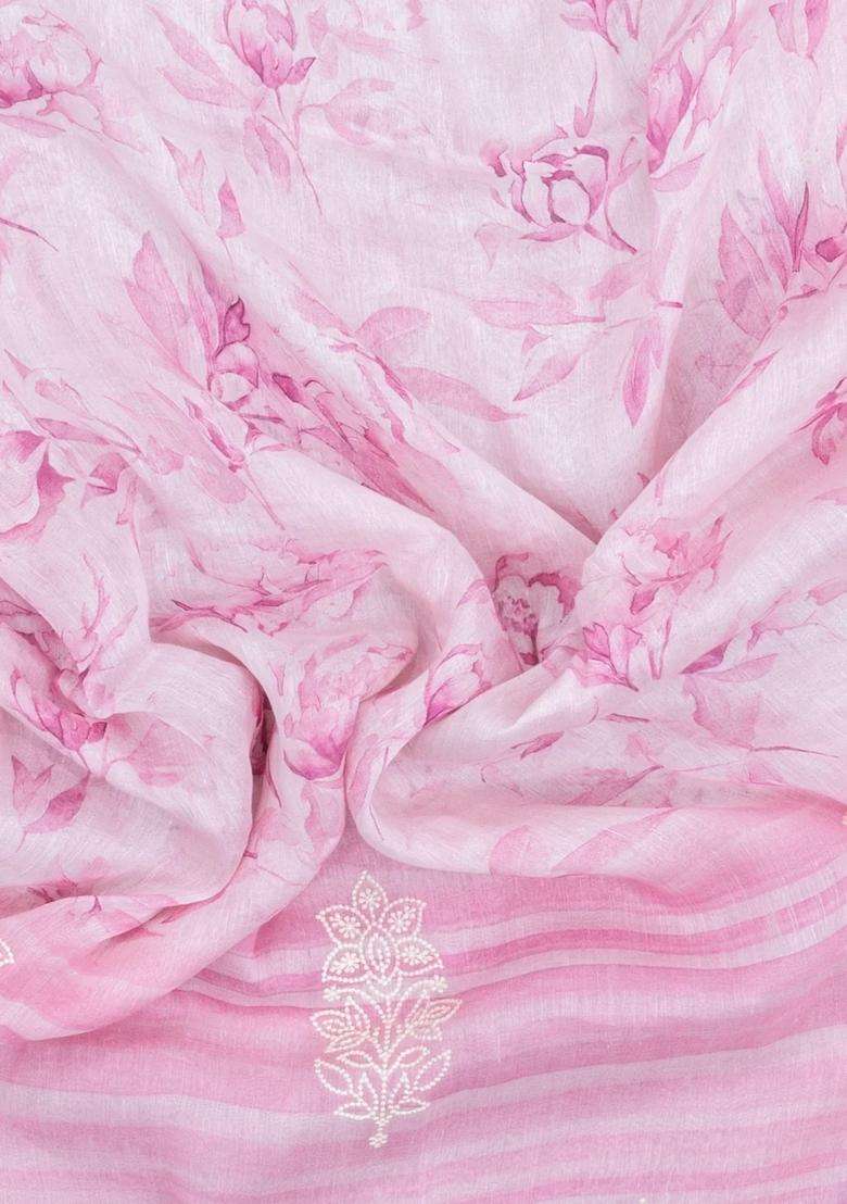 Pink Handloom Linen Saree With Printed Embroidered Floral Motifs For Women - Indya