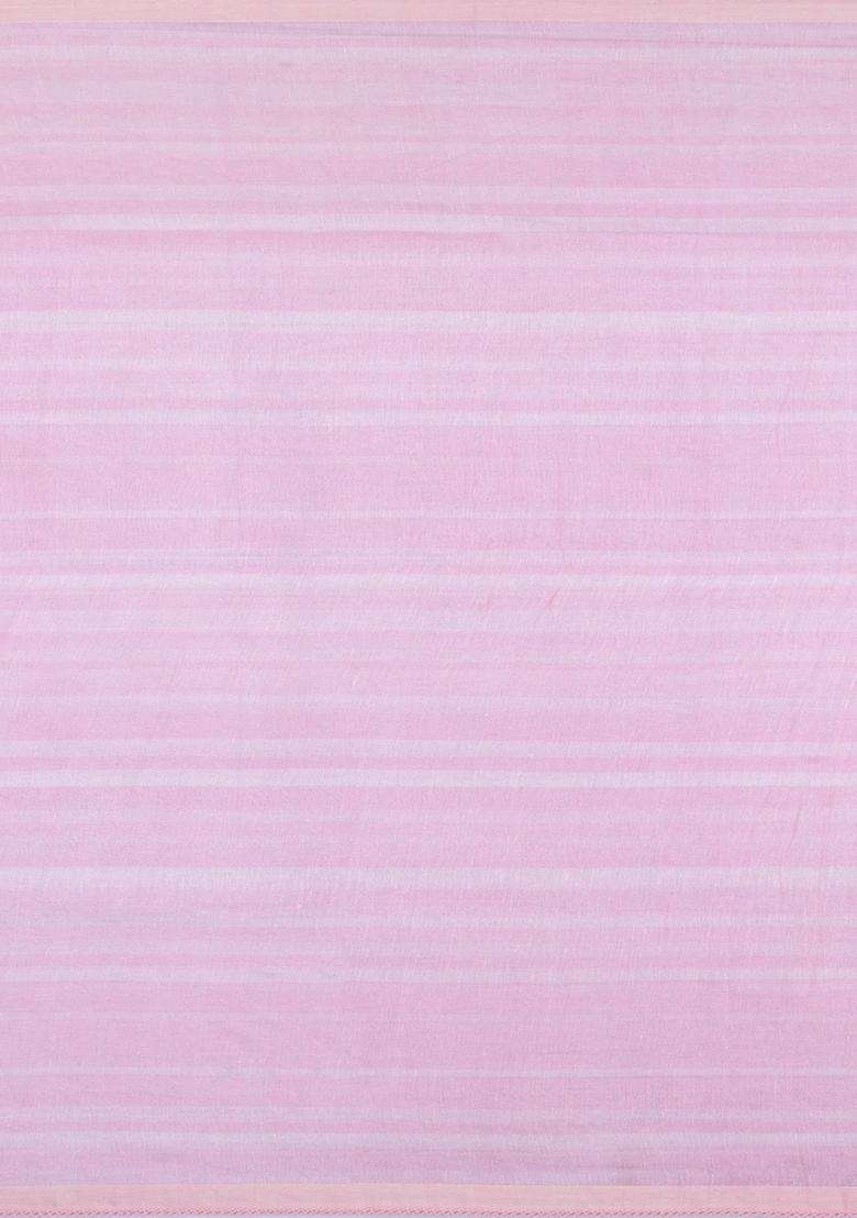Pink Handloom Linen Saree With Printed Embroidered Floral Motifs For Women - Indya