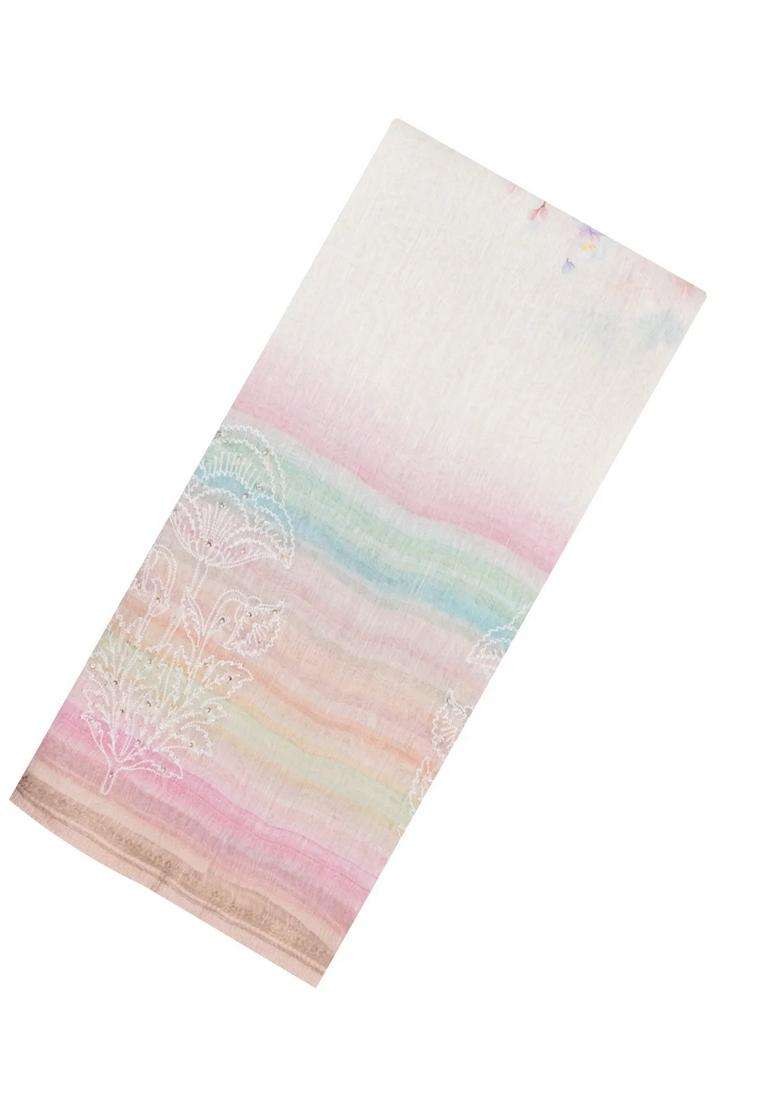 Multicolor Handloom Linen Saree With Embroidered Floral Motifs For Women - Indya
