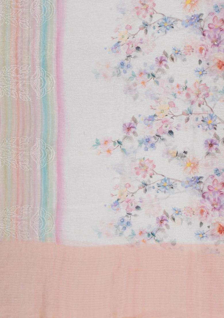 Multicolor Handloom Linen Saree With Embroidered Floral Motifs For Women - Indya