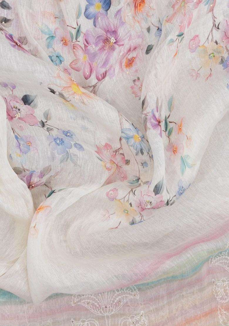 Multicolor Handloom Linen Saree With Embroidered Floral Motifs For Women - Indya