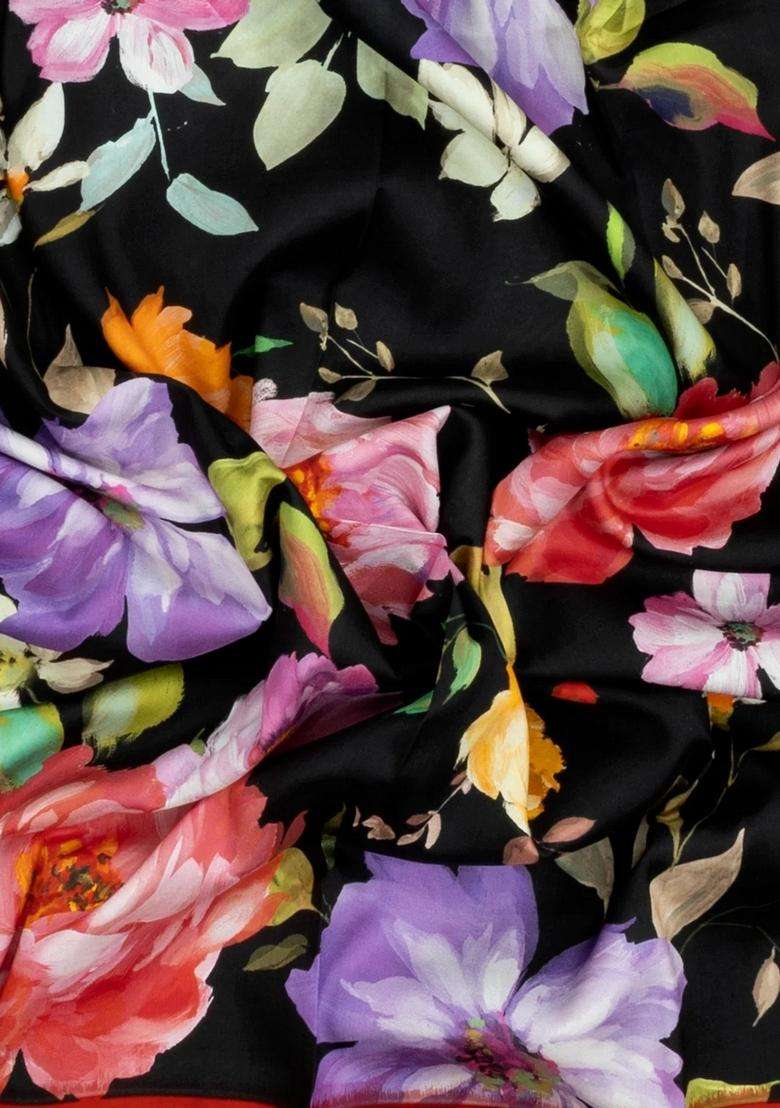 Black Handloom Kanchipuram Silk Saree With Printed Floral Motifs For Women - Indya