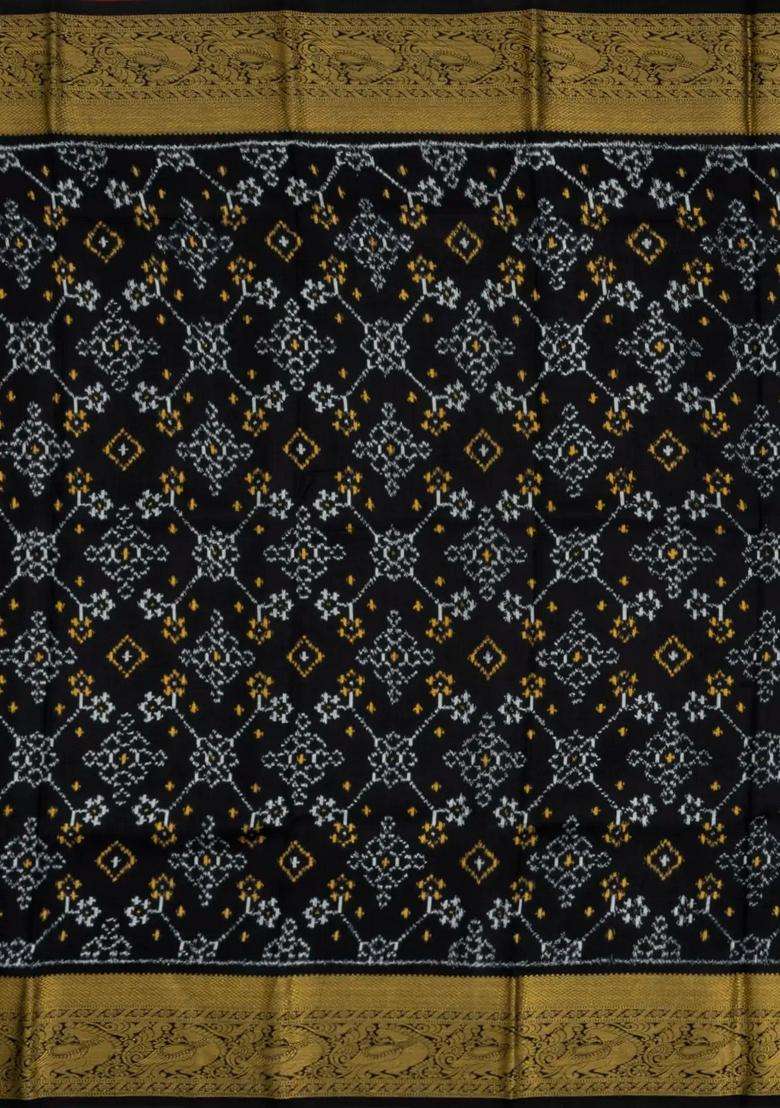Black Handloom Kanchipuram Silk Saree With Printed Floral Motifs For Women - Indya