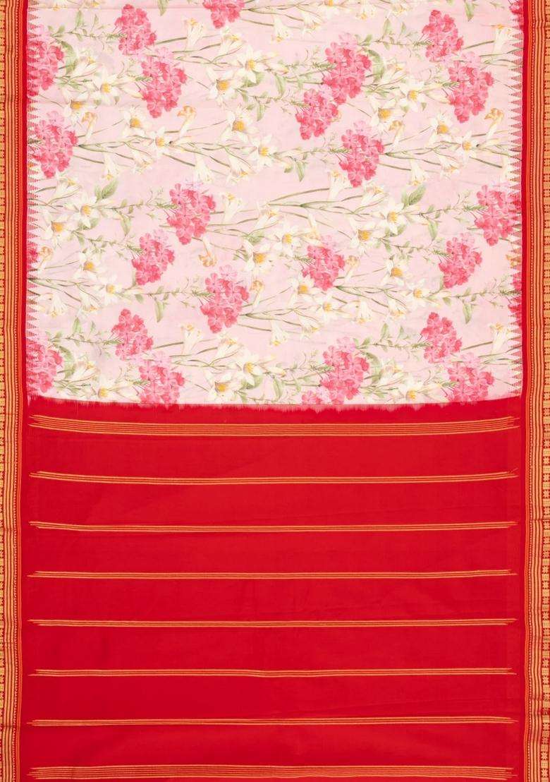 Baby Pink Handloom Kanchipuram Silk Saree With Printed Floral Motifs For Women - Indya