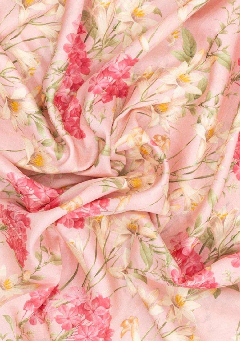 Baby Pink Handloom Kanchipuram Silk Saree With Printed Floral Motifs For Women - Indya