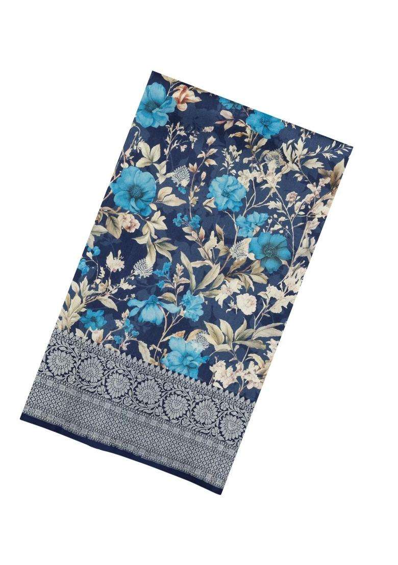 Navy Blue Handloom Silk Saree With Printed Floral Motifs For Women - Indya