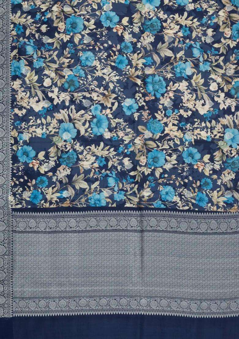 Navy Blue Handloom Silk Saree With Printed Floral Motifs For Women - Indya