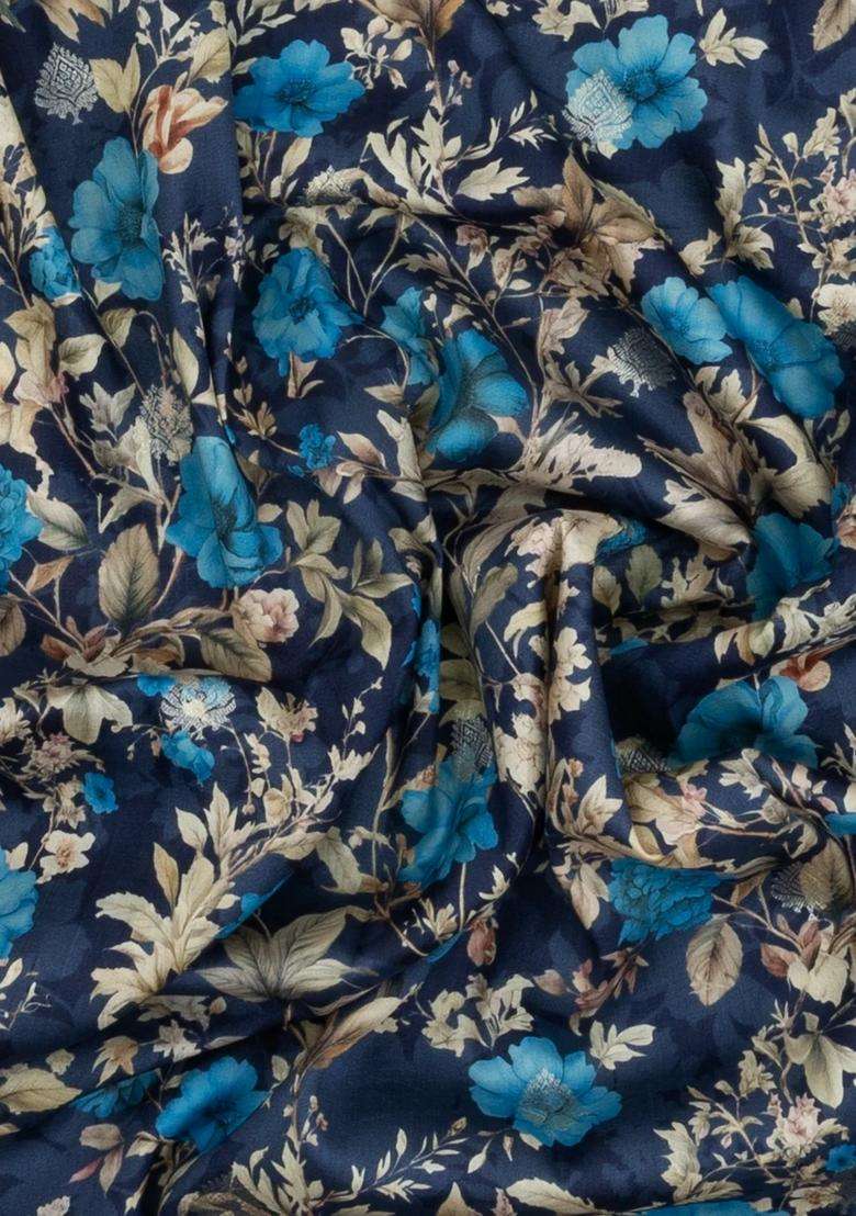 Navy Blue Handloom Silk Saree With Printed Floral Motifs For Women - Indya