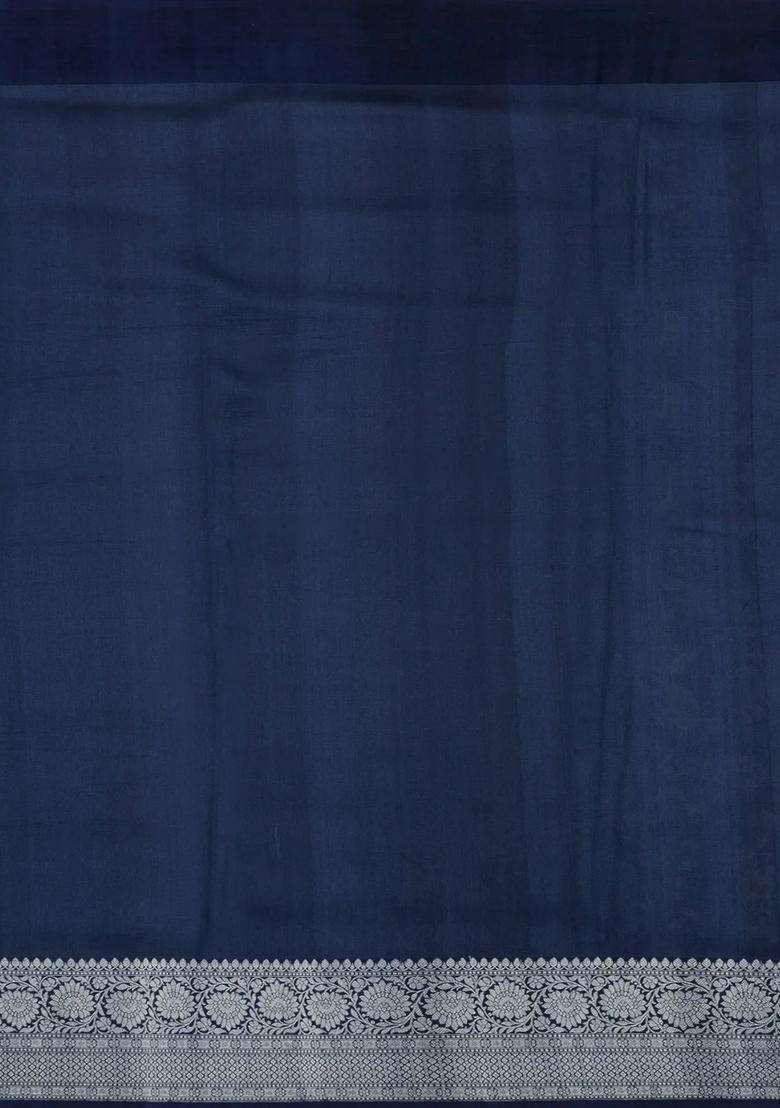 Navy Blue Handloom Silk Saree With Printed Floral Motifs For Women - Indya