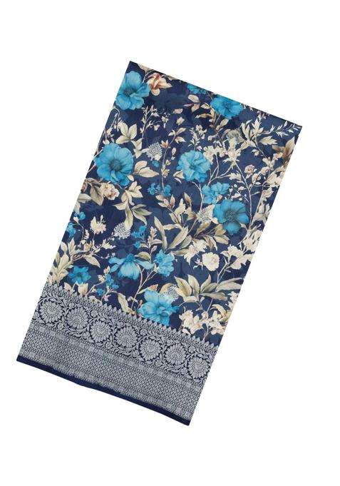 Navy Blue Handloom Silk Saree With Printed Floral Motifs For Women