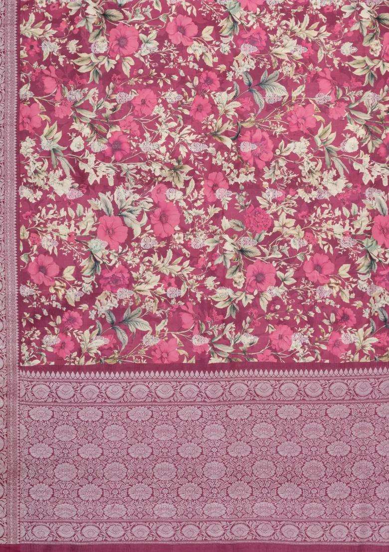 Dusty Pink Handloom Silk Saree With Printed Floral Motifs For Women - Indya