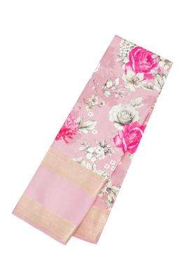 Baby Pink Handloom Silk Saree With Printed Floral Motifs For Women