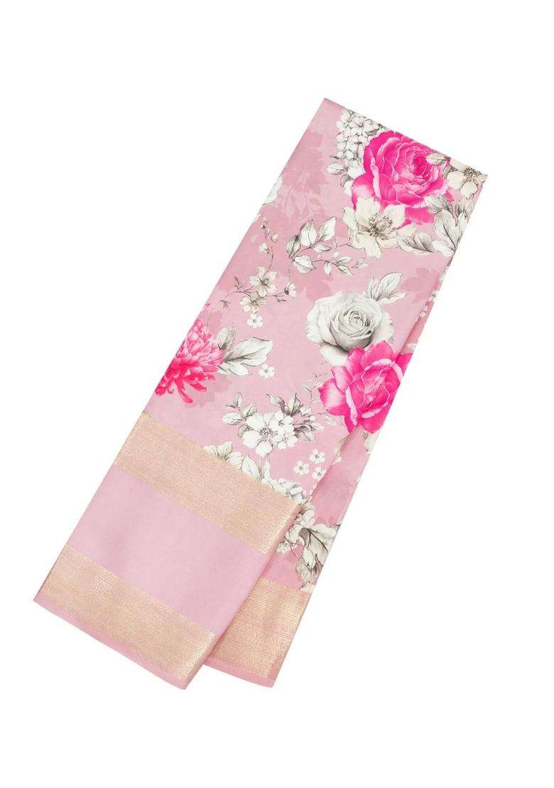 Baby Pink Handloom Silk Saree With Printed Floral Motifs For Women - Indya