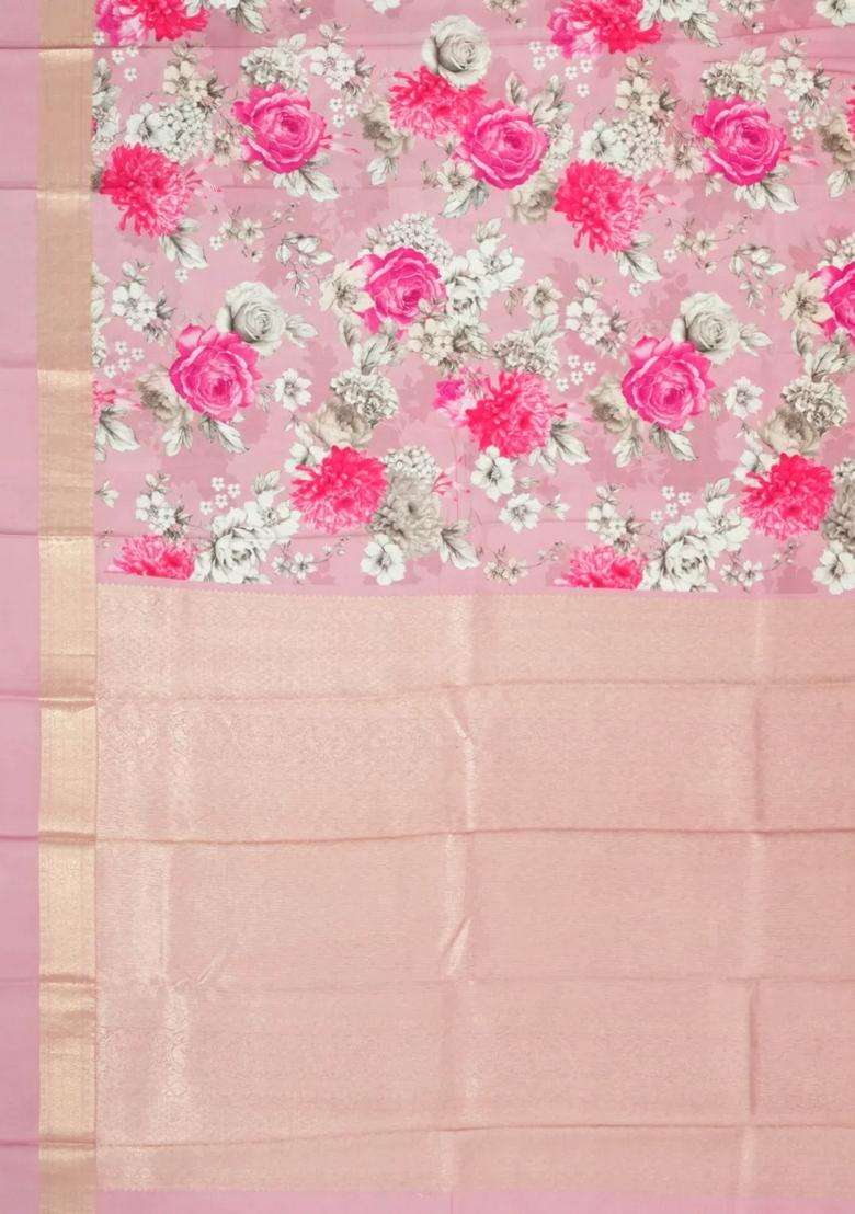 Baby Pink Handloom Silk Saree With Printed Floral Motifs For Women - Indya