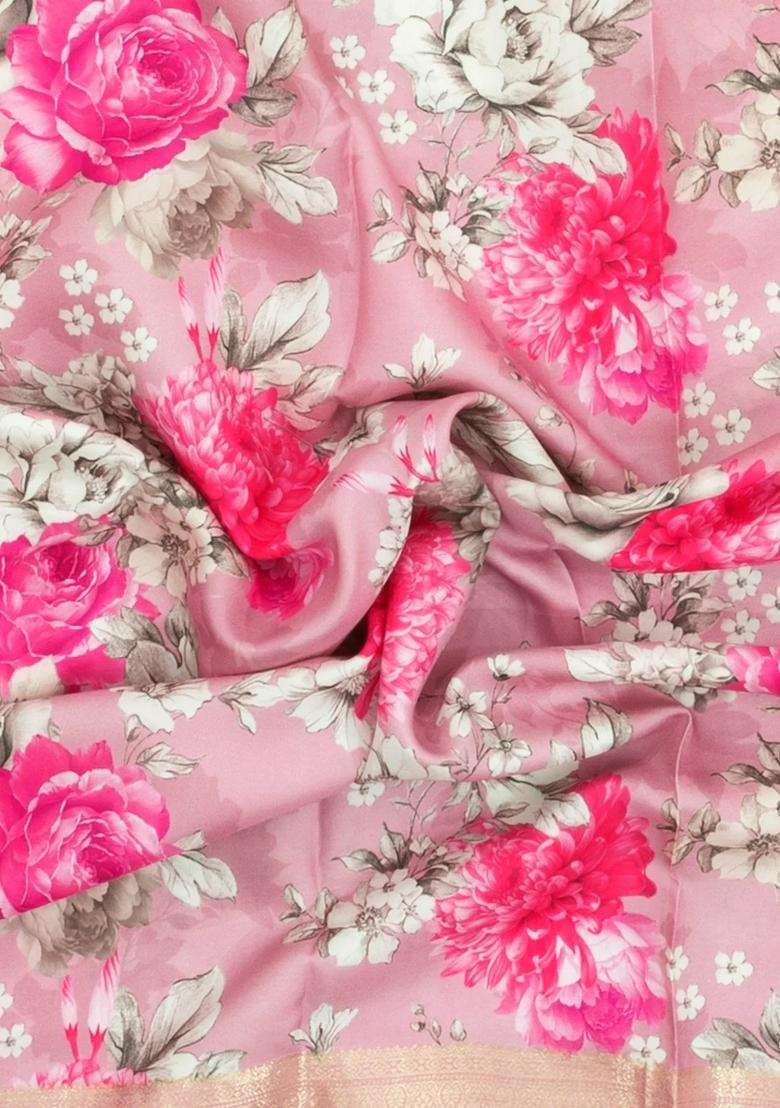 Baby Pink Handloom Silk Saree With Printed Floral Motifs For Women - Indya