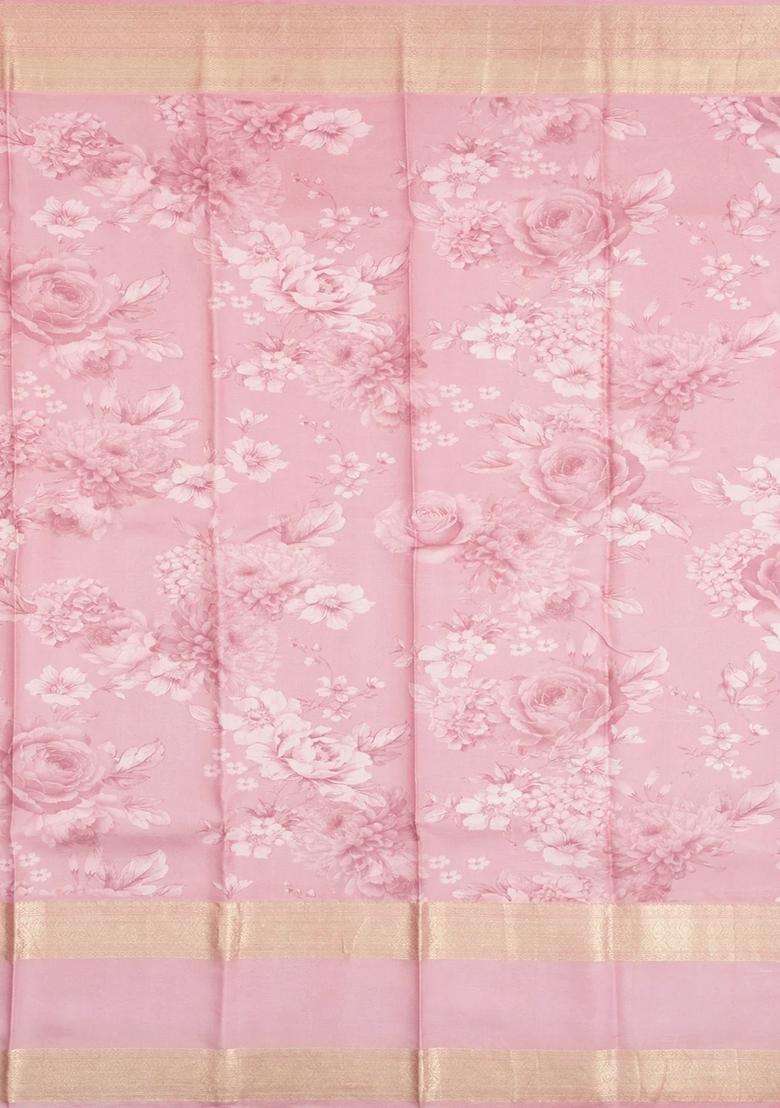 Baby Pink Handloom Silk Saree With Printed Floral Motifs For Women - Indya