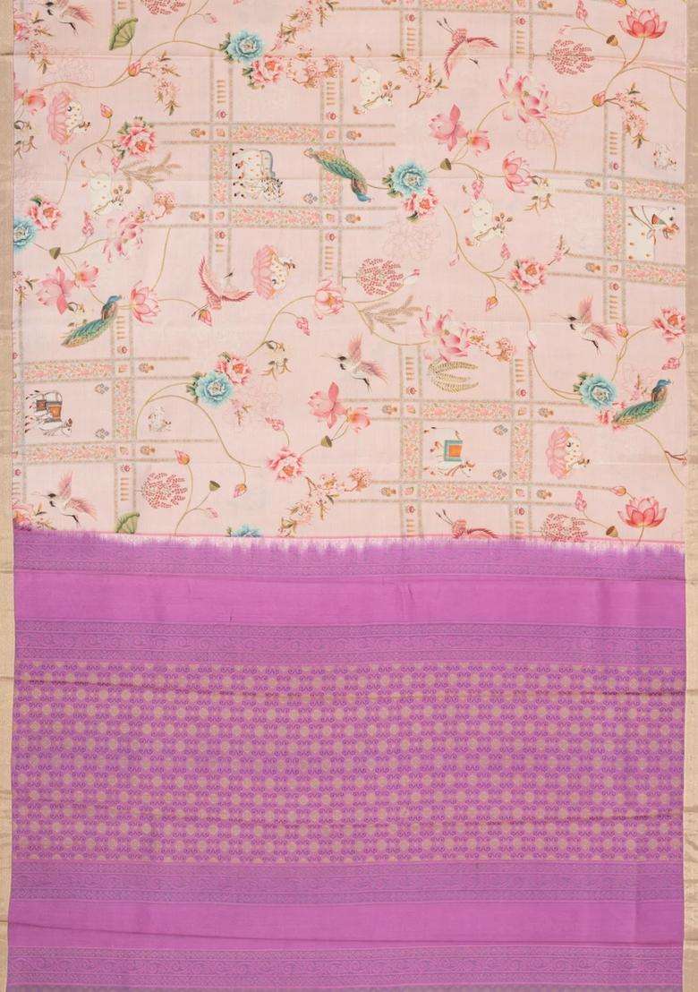 Light Peach Handloom Silk Saree With Printed Floral Motifs For Women - Indya
