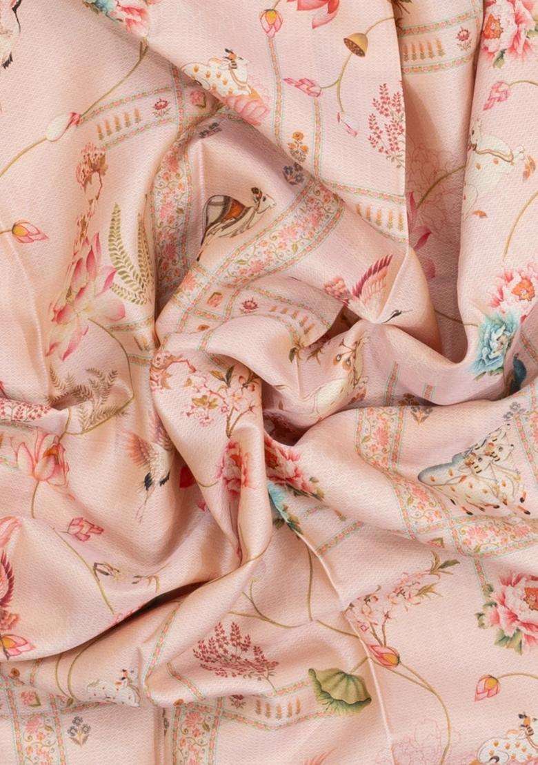 Light Peach Handloom Silk Saree With Printed Floral Motifs For Women - Indya