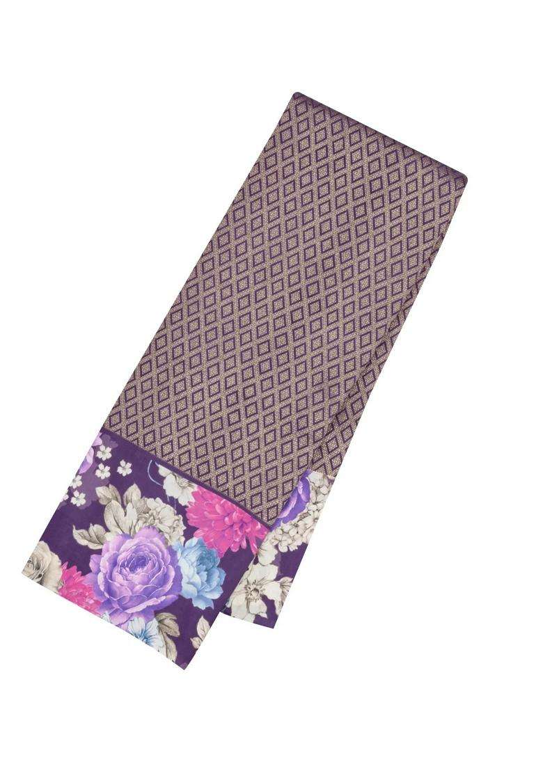 Dark Purple Handloom Silk Saree With Printed Floral Border For Women - Indya