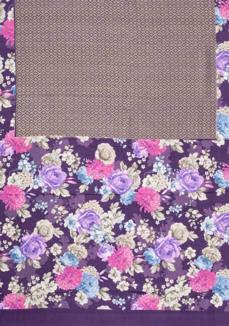 Dark Purple Handloom Silk Saree With Printed Floral Border For Women - Indya