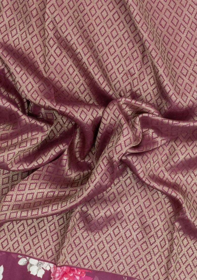 Burgundy Burugndy Handloom Silk Saree With Printed Floral Border For Women - Indya