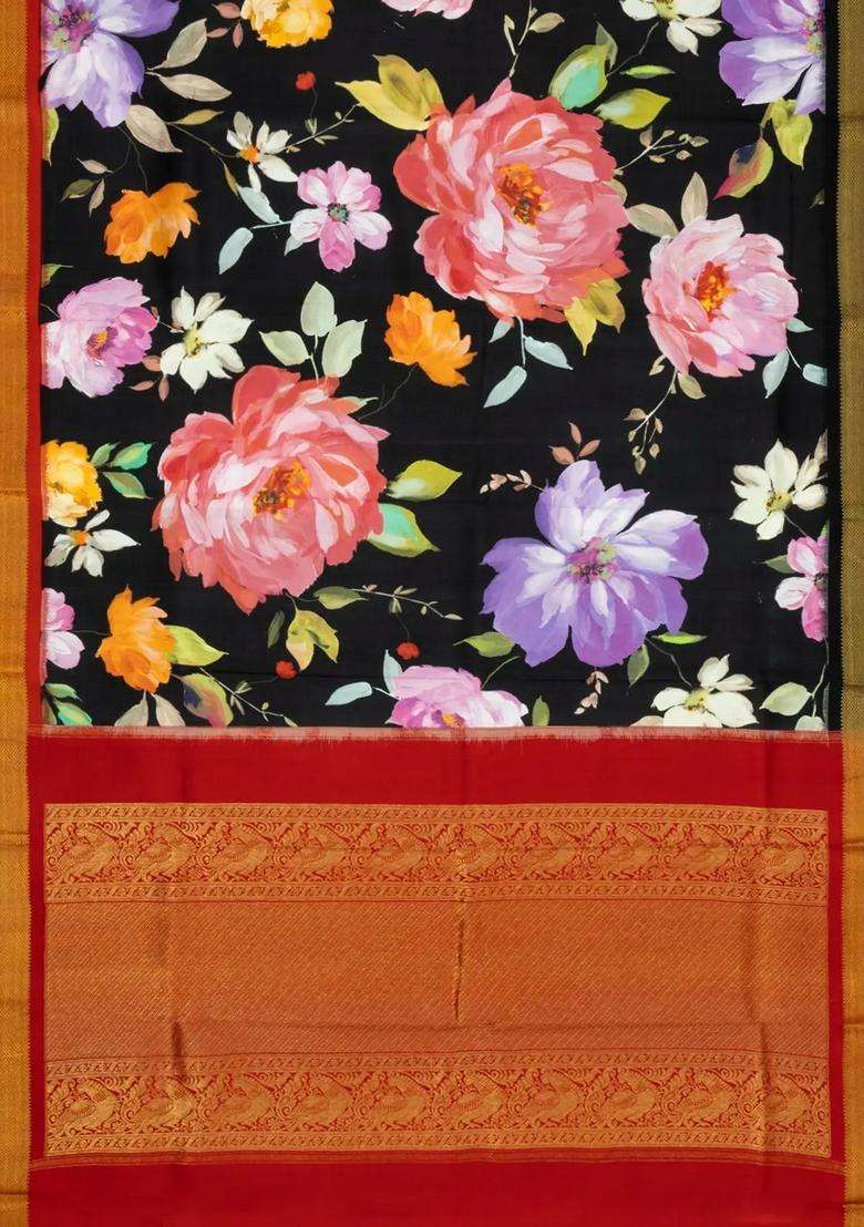 Light Blue Handloom Kanchipuram Silk Saree With Printed Floral Motifs For Women - Indya
