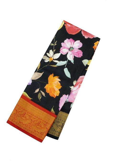 Light Blue Handloom Kanchipuram Silk Saree With Printed Floral Motifs For Women