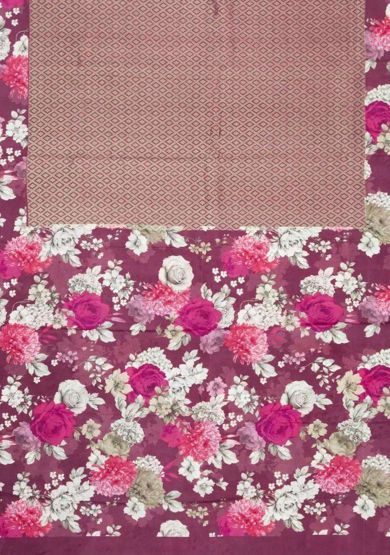 Pink Lavender Handloom Silk Saree With Printed Floral Border For Women - Indya