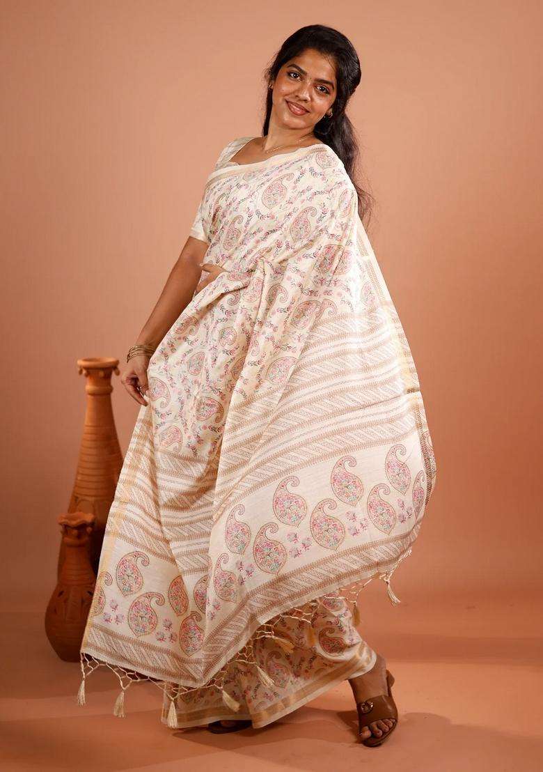 Off White Printed Synthetic Tussar Silk Saree With Floral Motifs Zari Border For Women - Indya